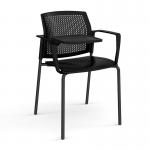 Santana 4 leg stacking chair with plastic seat and perforated back and black frame with arms and writing tablet - black
