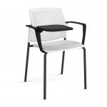 Santana 4 leg stacking chair with plastic seat and perforated back and black frame with arms and writing tablet - white SPB102-K-WH