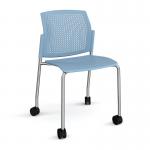 Santana 4 leg mobile chair with plastic seat and perforated back and chrome frame with castors and no arms - blue