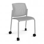 Santana 4 leg mobile chair with plastic seat and perforated back and chrome frame with castors and no arms - grey