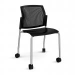 Santana 4 leg mobile chair with plastic seat and perforated back, chrome frame with castors and no arms - black SPB200-C-K