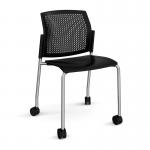 Santana 4 leg mobile chair with plastic seat and perforated back and chrome frame with castors and no arms - black