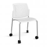 Santana 4 leg mobile chair with plastic seat and perforated back and chrome frame with castors and no arms - white