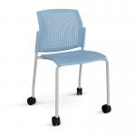 Santana 4 leg mobile chair with plastic seat and perforated back and grey frame with castors and no arms - blue