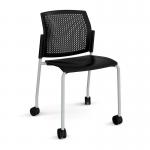 Santana 4 leg mobile chair with plastic seat and perforated back and grey frame with castors and no arms - black
