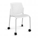 Santana 4 leg mobile chair with plastic seat and perforated back and grey frame with castors and no arms - white