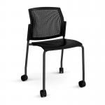 Santana 4 leg mobile chair with plastic seat and perforated back, black frame with castors and no arms - black SPB200-K-K