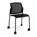 Santana 4 leg mobile chair with plastic seat and perforated back and black frame with castors and no arms - black SPB200-K-K