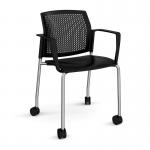 Santana 4 leg mobile chair with plastic seat and perforated back and chrome frame with castors and fixed arms - black