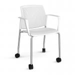 Santana 4 leg mobile chair with plastic seat and perforated back and chrome frame with castors and fixed arms - white