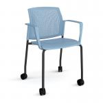Santana 4 leg mobile chair with plastic seat and perforated back and black frame with castors and fixed arms - blue