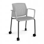 Santana 4 leg mobile chair with plastic seat and perforated back, black frame with castors and fixed arms - grey SPB201-K-G