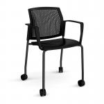 Santana 4 leg mobile chair with plastic seat and perforated back, black frame with castors and fixed arms - black SPB201-K-K