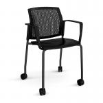 Santana 4 leg mobile chair with plastic seat and perforated back and black frame with castors and fixed arms - black