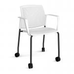 Santana 4 leg mobile chair with plastic seat and perforated back and black frame with castors and fixed arms - white