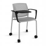 Santana 4 leg mobile chair with plastic seat and perforated back, chrome frame with castors, arms and writing tablet - grey SPB202-C-G