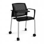 Santana 4 leg mobile chair with plastic seat and perforated back, chrome frame with castors, arms and writing tablet - black SPB202-C-K