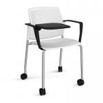 Santana 4 leg mobile chair with plastic seat and perforated back and chrome frame with castors and arms and writing tablet - white
