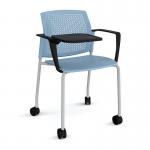 Santana 4 leg mobile chair with plastic seat and perforated back and grey frame with castors and arms and writing tablet - blue
