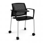 Santana 4 leg mobile chair with plastic seat and perforated back and grey frame with castors and arms and writing tablet - black