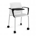Santana 4 leg mobile chair with plastic seat and perforated back and grey frame with castors and arms and writing tablet - white