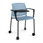 Santana 4 leg mobile chair with plastic seat and perforated back and black frame with castors and arms and writing tablet - blue