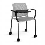 Santana 4 leg mobile chair with plastic seat and perforated back, black frame with castors, arms and writing tablet - grey SPB202-K-G