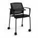 Santana 4 leg mobile chair with plastic seat and perforated back, black frame with castors, arms and writing tablet - black SPB202-K-K