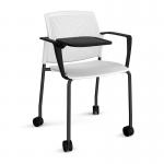 Santana 4 leg mobile chair with plastic seat and perforated back and black frame with castors and arms and writing tablet - white