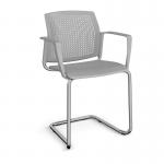 Santana cantilever chair with plastic seat and perforated back and chrome frame and fixed arms - grey