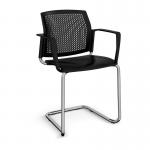 Santana cantilever chair with plastic seat and perforated back and chrome frame and fixed arms - black