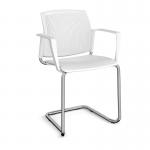 Santana cantilever chair with plastic seat and perforated back and chrome frame and fixed arms - white