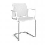 Santana cantilever chair with plastic seat and perforated back and grey frame and fixed arms - white