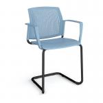 Santana cantilever chair with plastic seat and perforated back and black frame and fixed arms - blue
