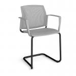 Santana cantilever chair with plastic seat and perforated back and black frame and fixed arms - grey