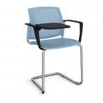 Santana cantilever chair with plastic seat and perforated back and chrome frame with arms and writing tablet - blue