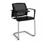 Santana cantilever chair with plastic seat and perforated back and chrome frame with arms and writing tablet - black