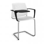 Santana cantilever chair with plastic seat and perforated back and chrome frame with arms and writing tablet - white