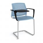 Santana cantilever chair with plastic seat and perforated back and grey frame with arms and writing tablet - blue