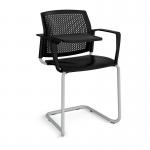 Santana cantilever chair with plastic seat and perforated back and grey frame with arms and writing tablet - black SPB302-G-K