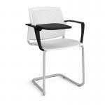 Santana cantilever chair with plastic seat and perforated back and grey frame with arms and writing tablet - white SPB302-G-WH