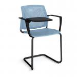 Santana cantilever chair with plastic seat and perforated back and black frame with arms and writing tablet - blue