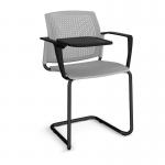 Santana cantilever chair with plastic seat and perforated back and black frame with arms and writing tablet - grey