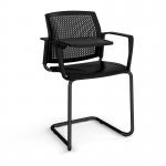 Santana cantilever chair with plastic seat and perforated back, black frame with arms and writing tablet - black SPB302-K-K