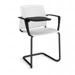 Santana cantilever chair with plastic seat and perforated back and black frame with arms and writing tablet - white SPB302-K-WH
