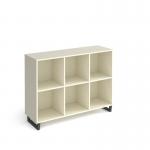 Sparta cube storage unit 950mm high with 6 open boxes and charcoal A-frame legs - white