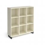 Sparta cube storage unit 1370mm high with 9 open boxes and charcoal A-frame legs - white
