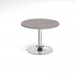 Trumpet base circular boardroom table 1000mm - chrome base and grey oak top