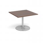 Trumpet base square extension table 1000mm x 1000mm - silver base and walnut top TB10-S-W