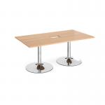Trumpet base rectangular boardroom table 1800mm x 1000mm with central cutout 272mm x 132mm - chrome base, beech top TB18-CO-C-B
